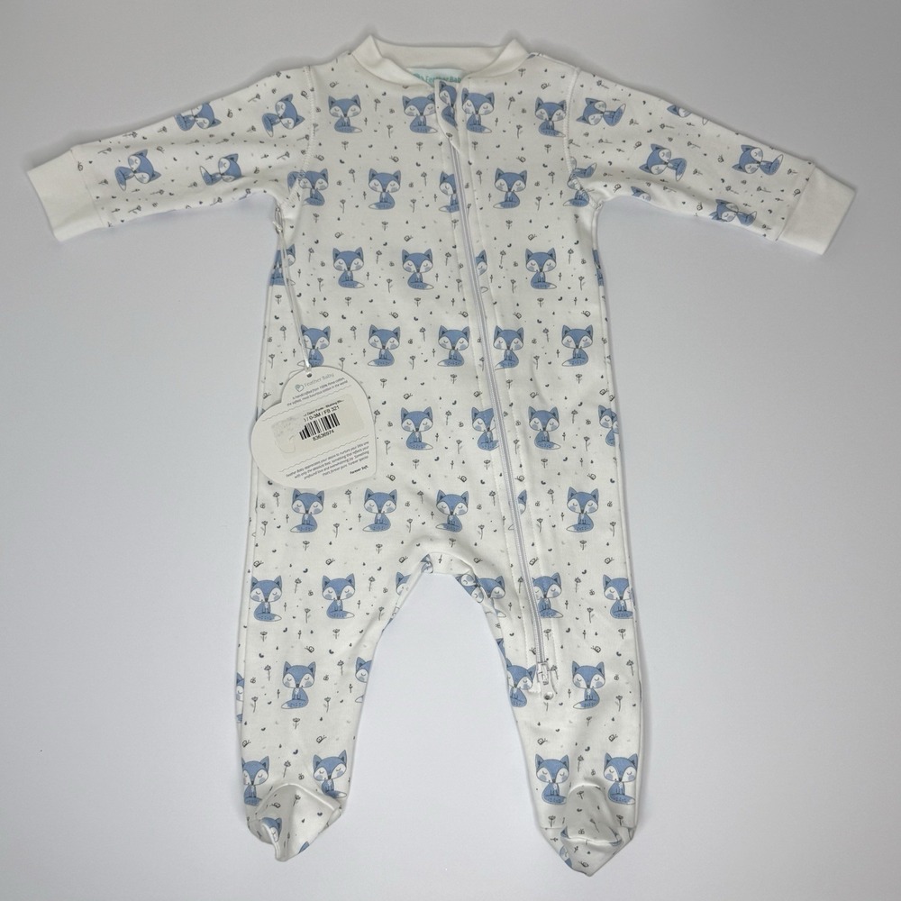 Feather Baby One Piece White Blue Fox AOP Pima Cotton Size 0-3 Months 7-11 Lb